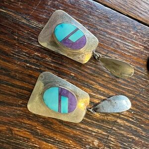 Sterling Silver Turquoise & Purple Inlay Drop earrings marked by P. Sanchez